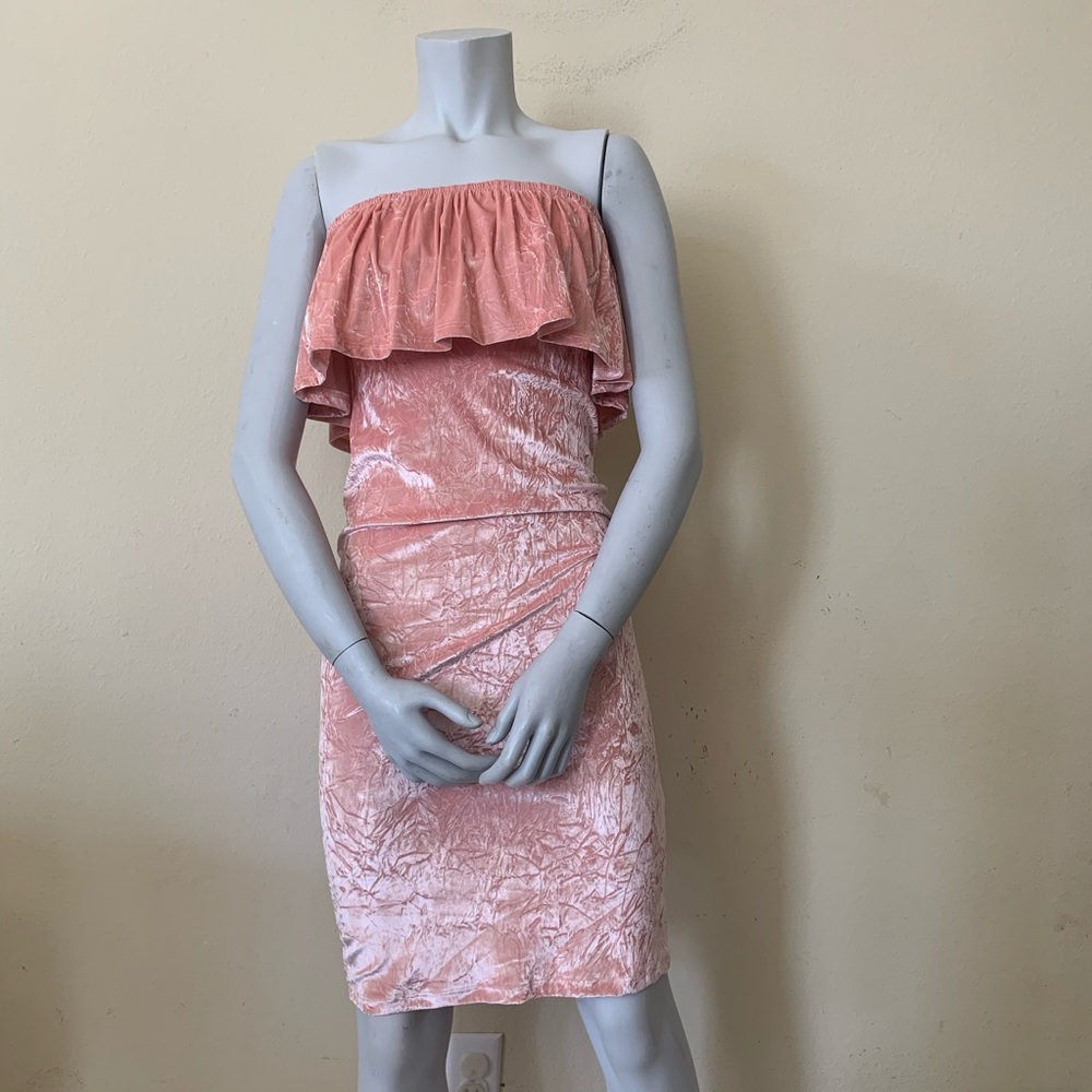 Mono B Pink Velvet Ruffle Trim Off Shoulder Dress